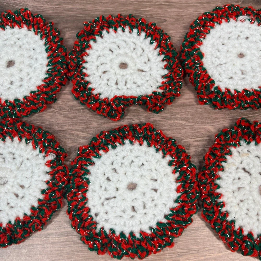 Handmade Crochet Knit Coasters‎ Red Green White Christmas Holidays Set of 7